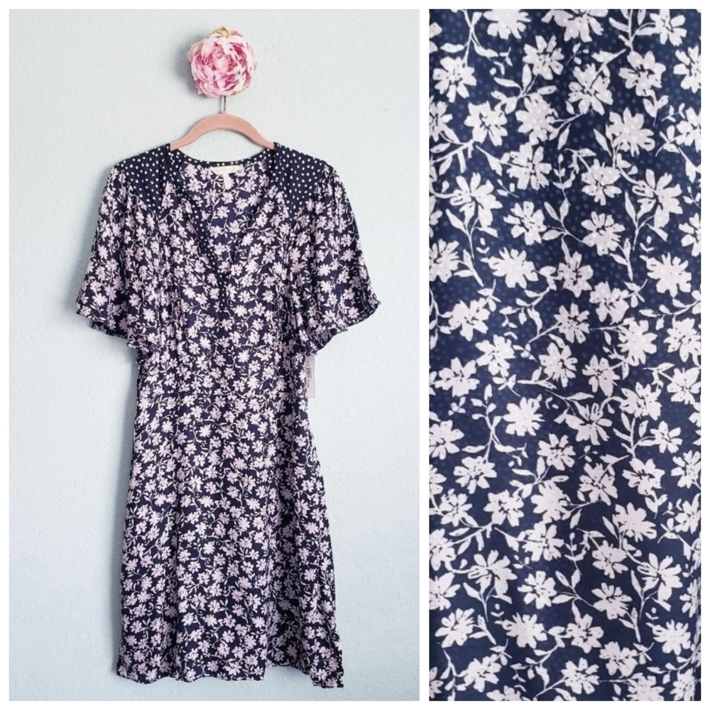 Rebecca Taylor Silk Blend Navy Floral Print A-Line Dress